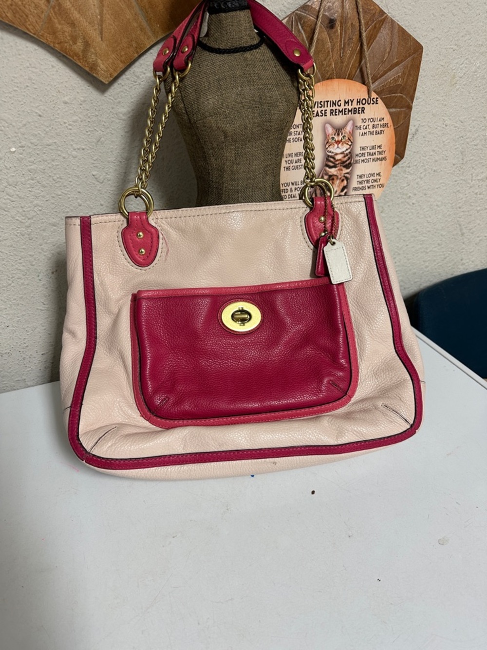 Coach Two-Tone Pink Leather Shoulder Bag with Front Pocket